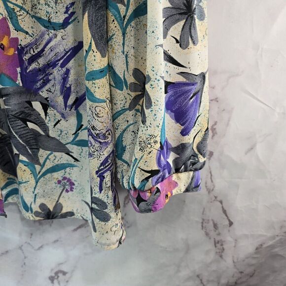 Vintage Blouse Womens Large 80s 90s Purple Blue Floral Long Sleeve Button Artsy - Picture 3 of 11